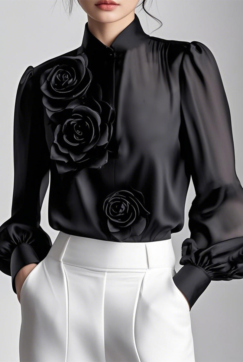 Isabelle | White Blouse With 3D Roses - Lumina Vancouver - Lumina Vancouver