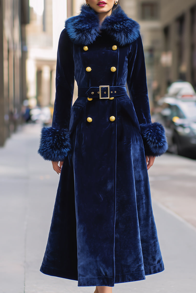 Royal Velvet | Double-Breasted Faux Fur Trim Long Coat - Lumina Vancouver - Lumina Vancouver