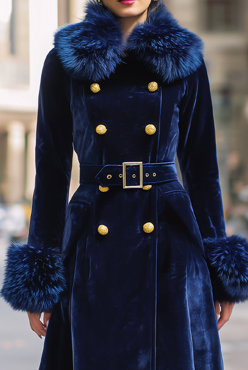 Royal Velvet | Double-Breasted Faux Fur Trim Long Coat - Lumina Vancouver - Lumina Vancouver
