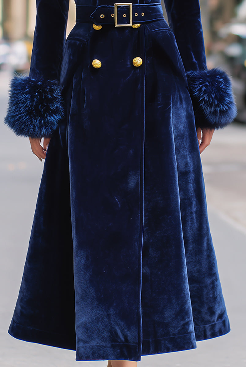 Royal Velvet | Double-Breasted Faux Fur Trim Long Coat - Lumina Vancouver - Lumina Vancouver