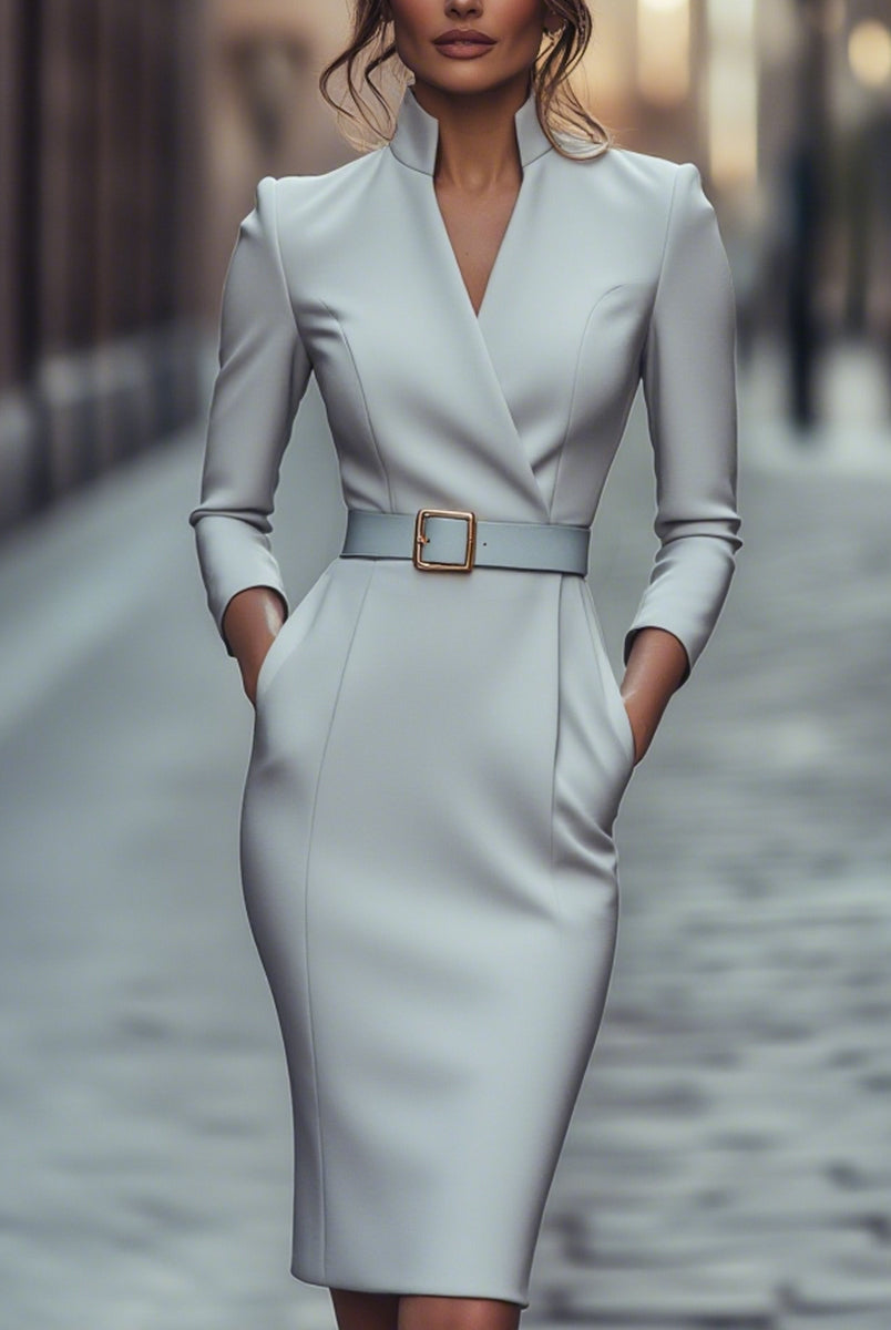 Zara | Belted Sheath Dress Mandarin Collar - Lumina Vancouver - Lumina Vancouver