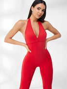 Deep V-neck Halter Scrunch Bum Jumpsuit.