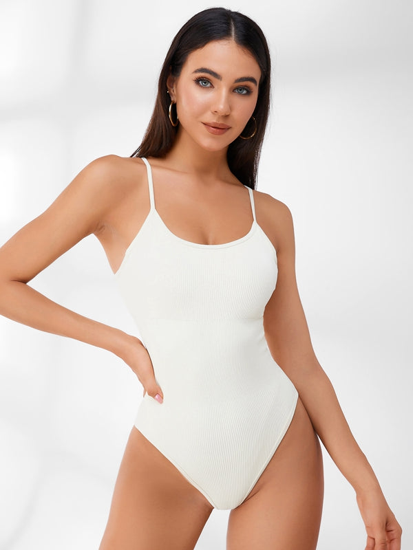 Sleeveless Ribbed Adjustable Straps Short Bodysuit.