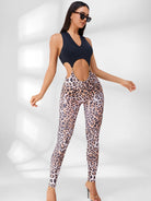 Leopard V Collar Hollow Out Jumpsuit.