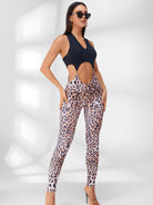 Leopard V Collar Hollow Out Jumpsuit.