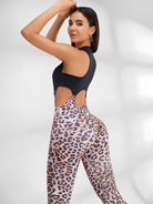 Leopard V Collar Hollow Out Jumpsuit.