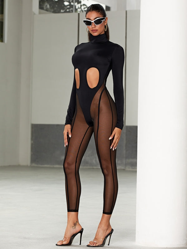 Unique Cutout Super Mesh Zipper Booty Jumpsuit.