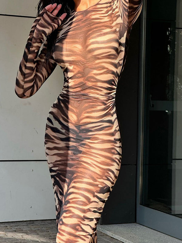 Tiger Stripe Print Round Neck Mesh Dress.