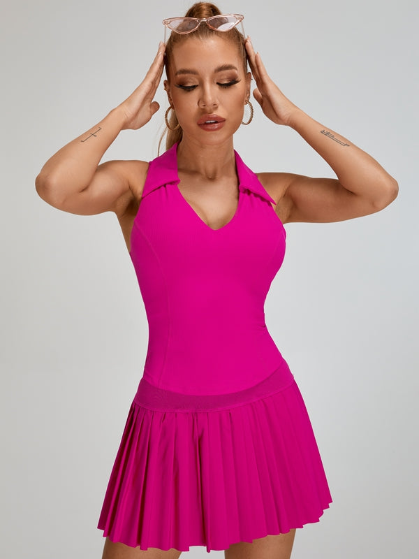 V-Collar Pleated 2 In 1 Tennis Skirts Suit.