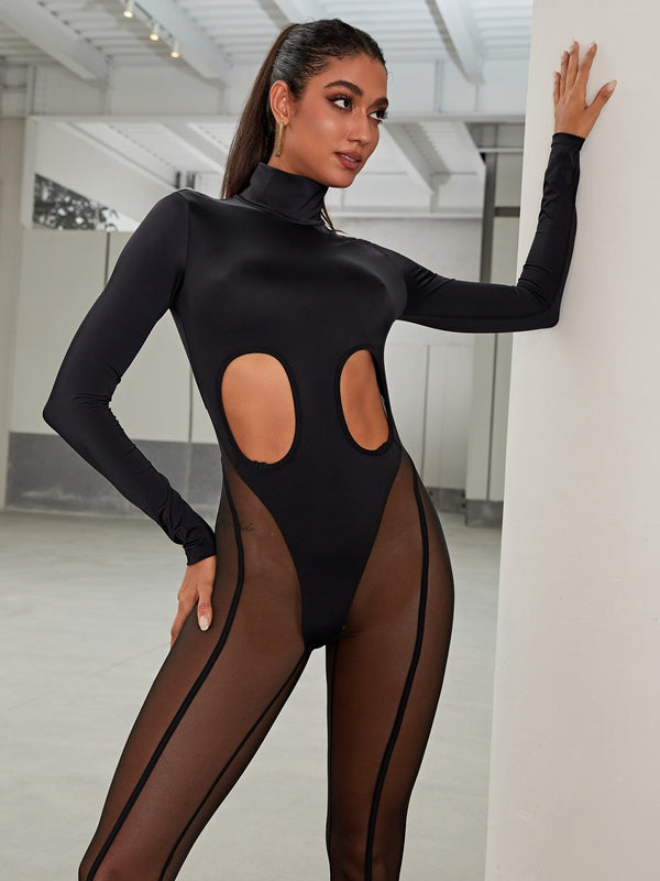 Unique Cutout Super Mesh Zipper Booty Jumpsuit.