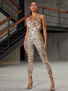 Wild Leopard Print Deep V Back Backless Scrunch Bum Jumpsuit.