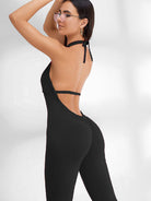 Deep V-neck Halter Scrunch Bum Jumpsuit.