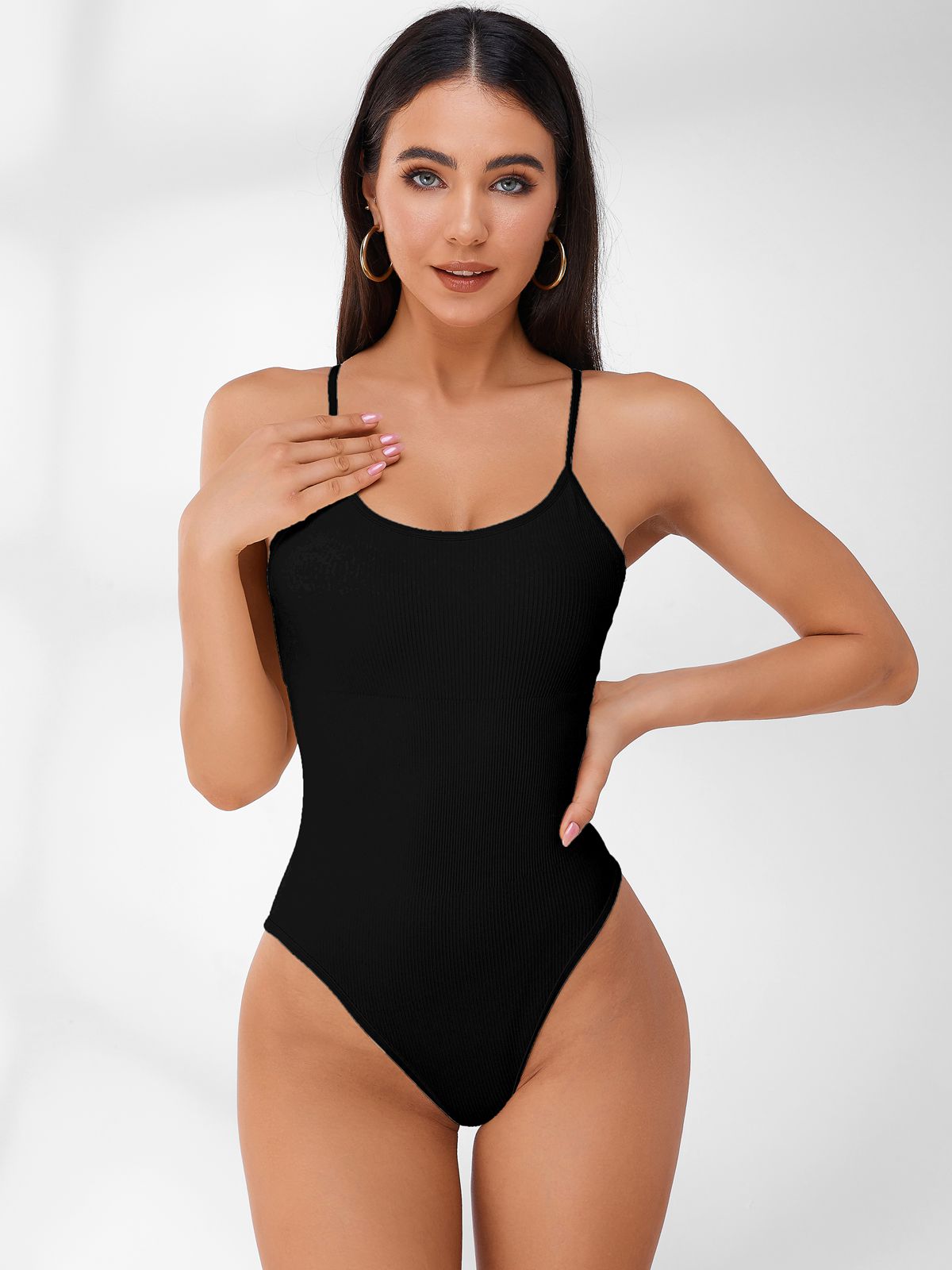 Sleeveless Ribbed Adjustable Straps Short Bodysuit.