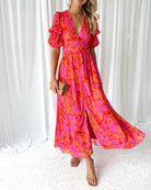 Alva - Elegant V-neck Puff Sleeve Maxi Dress.