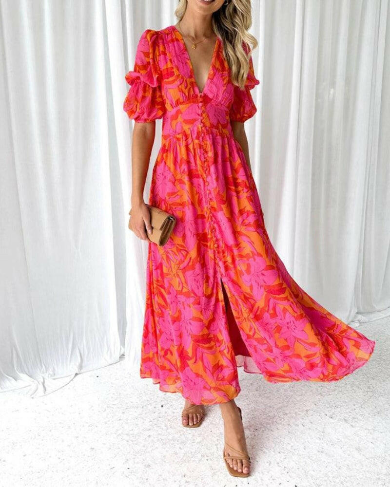 Alva - Elegant V-neck Puff Sleeve Maxi Dress.