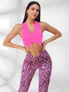 Leopard V Collar Hollow Out Jumpsuit.