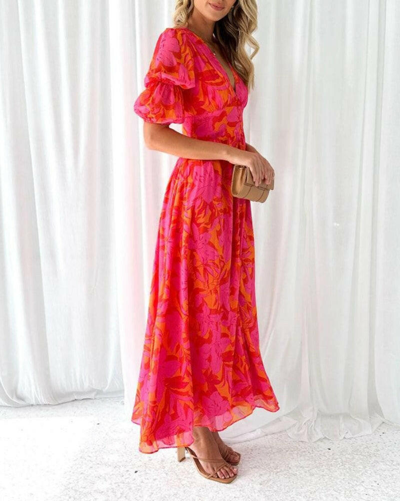 Alva - Elegant V-neck Puff Sleeve Maxi Dress.