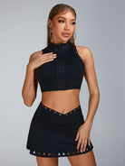 Cutout V Shape Waist Backless Skirt Suit.