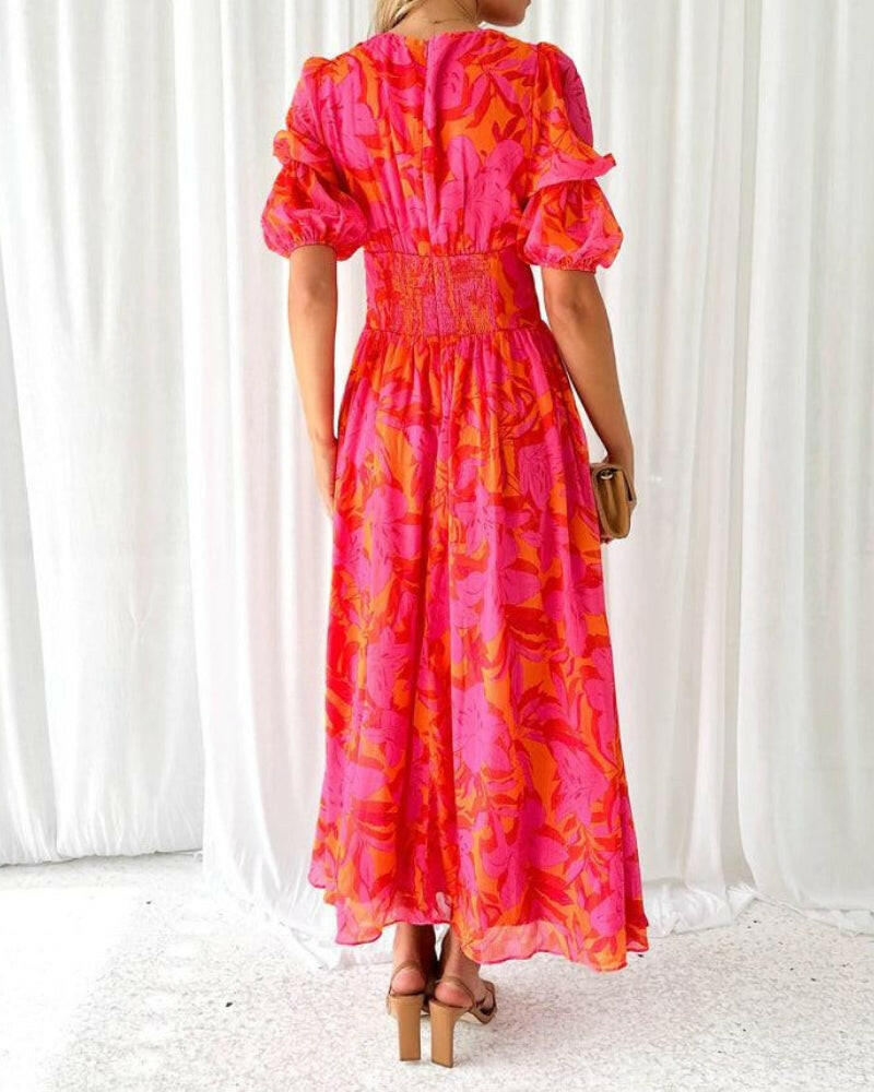 Alva - Elegant V-neck Puff Sleeve Maxi Dress.
