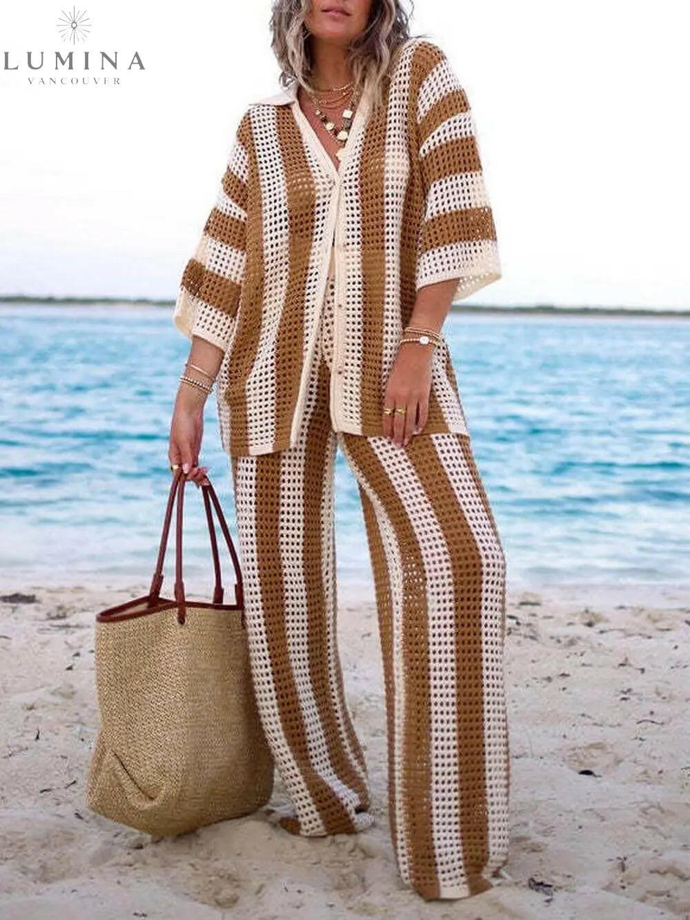 Alicia - Trendy Two Piece Striped Shirt and Pant Set - Lumina Vancouver