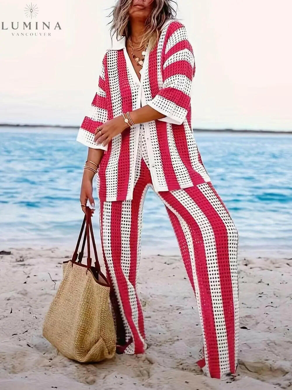 Alicia - Trendy Two Piece Striped Shirt and Pant Set - Lumina Vancouver