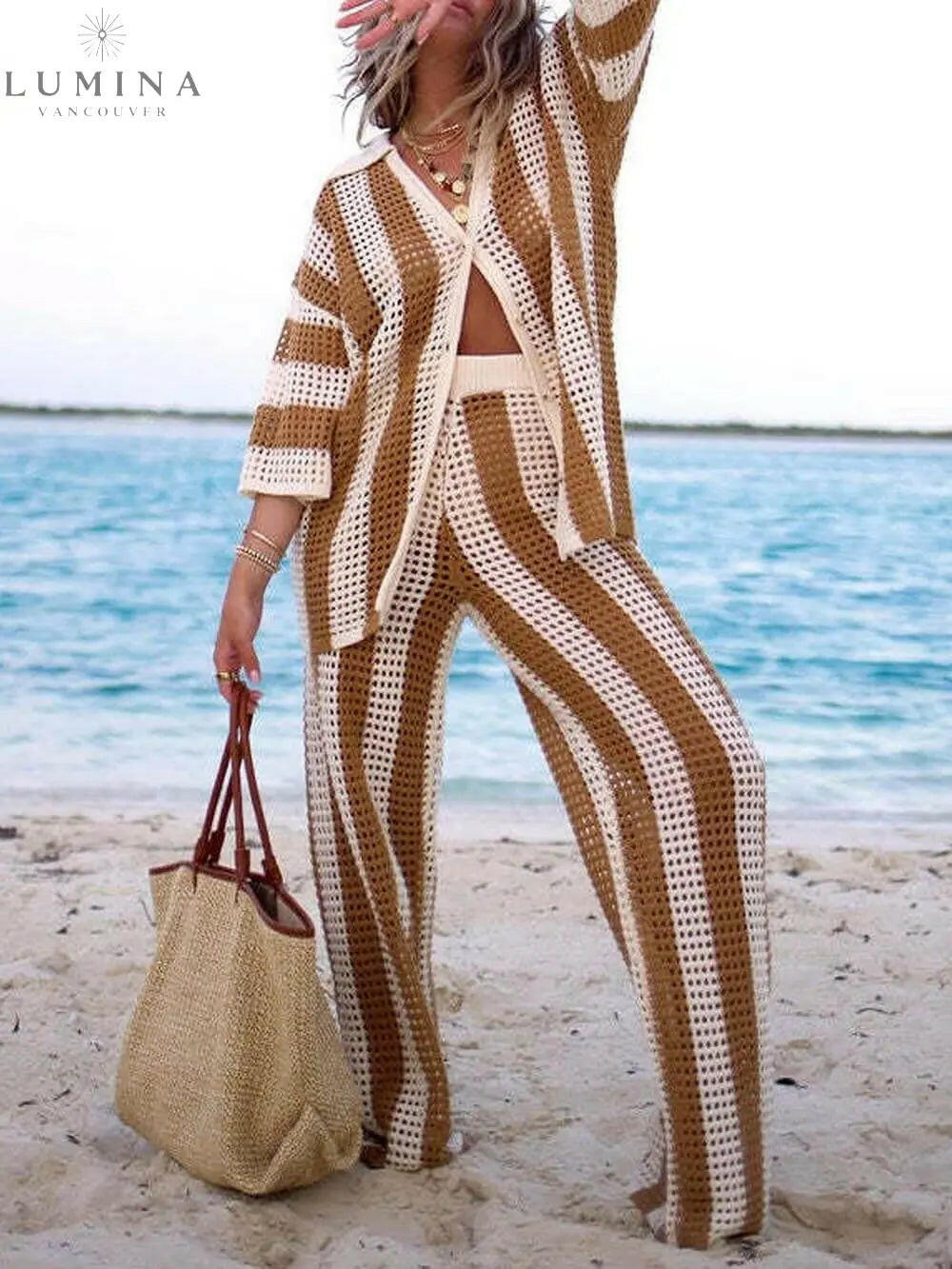 Alicia - Trendy Two Piece Striped Shirt and Pant Set - Lumina Vancouver