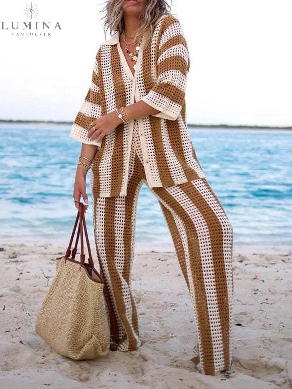 Alicia - Trendy Two Piece Striped Shirt and Pant Set - Lumina Vancouver