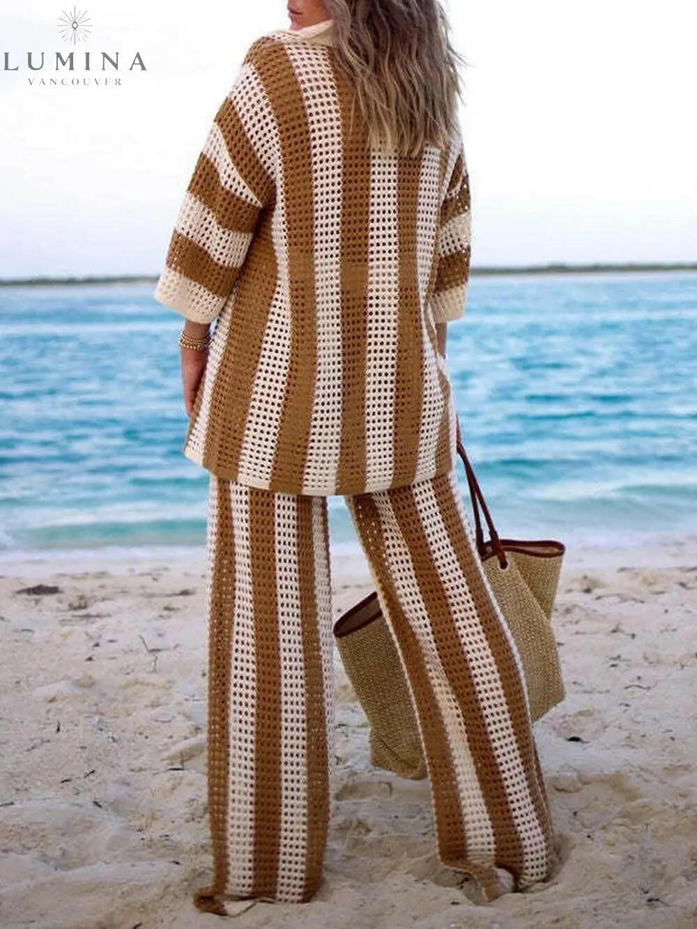 Alicia - Trendy Two Piece Striped Shirt and Pant Set - Lumina Vancouver