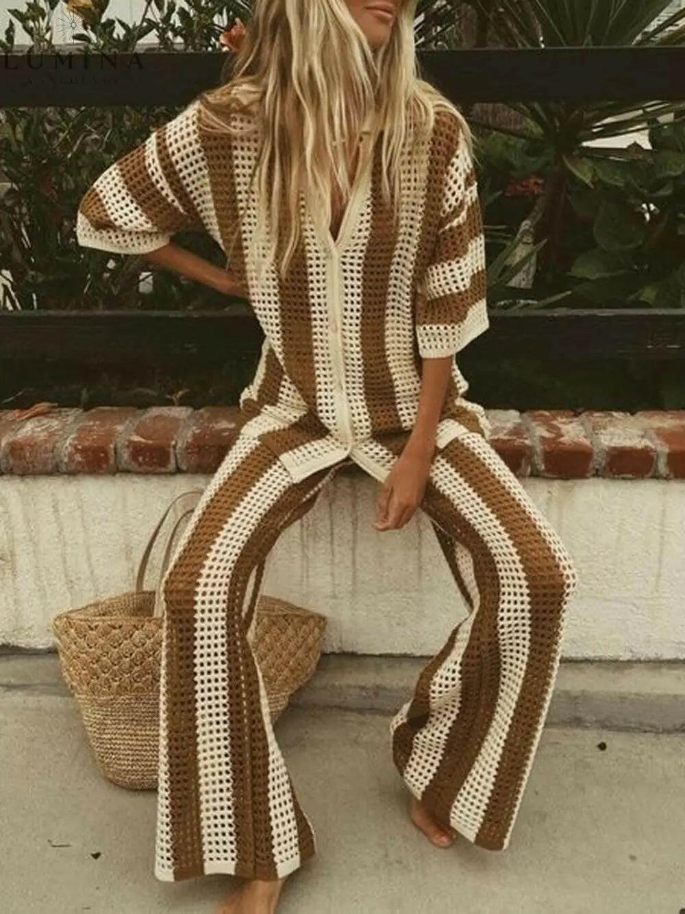 Alicia - Trendy Two Piece Striped Shirt and Pant Set - Lumina Vancouver
