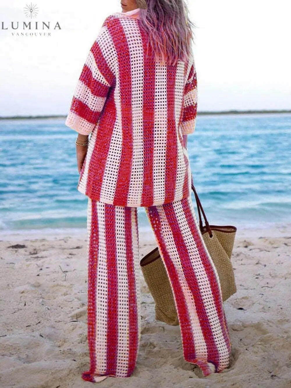 Alicia - Trendy Two Piece Striped Shirt and Pant Set - Lumina Vancouver