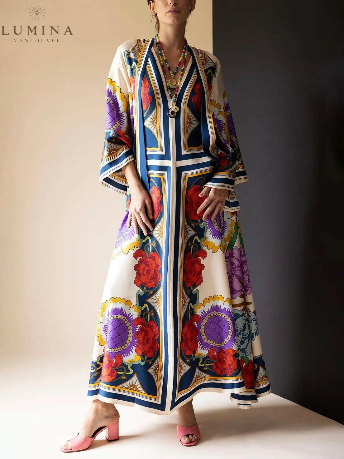 Amara - Unique Ethnic Floral Print Flowing Maxi Dress - Lumina Vancouver