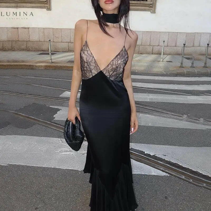 Anissa - Spliced-Lace Mesh Maxi Dress Lumina Vancouver