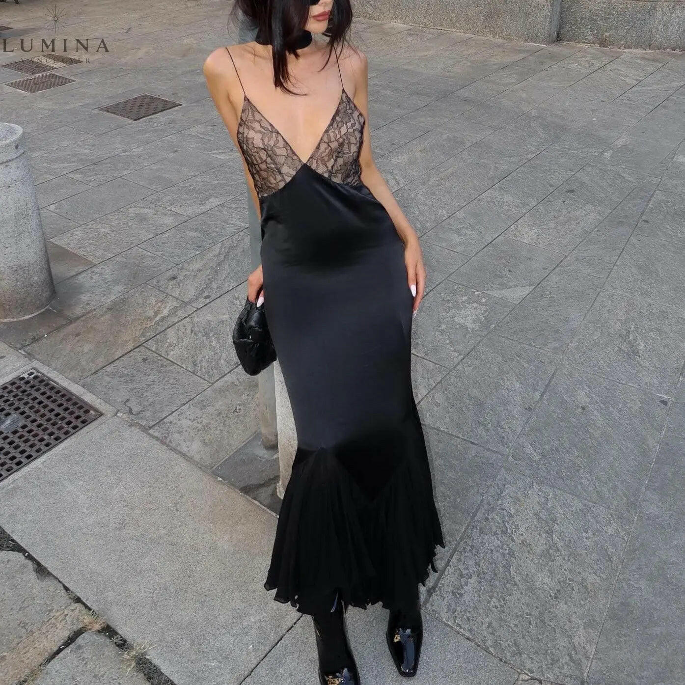 Anissa - Spliced-Lace Mesh Maxi Dress Lumina Vancouver
