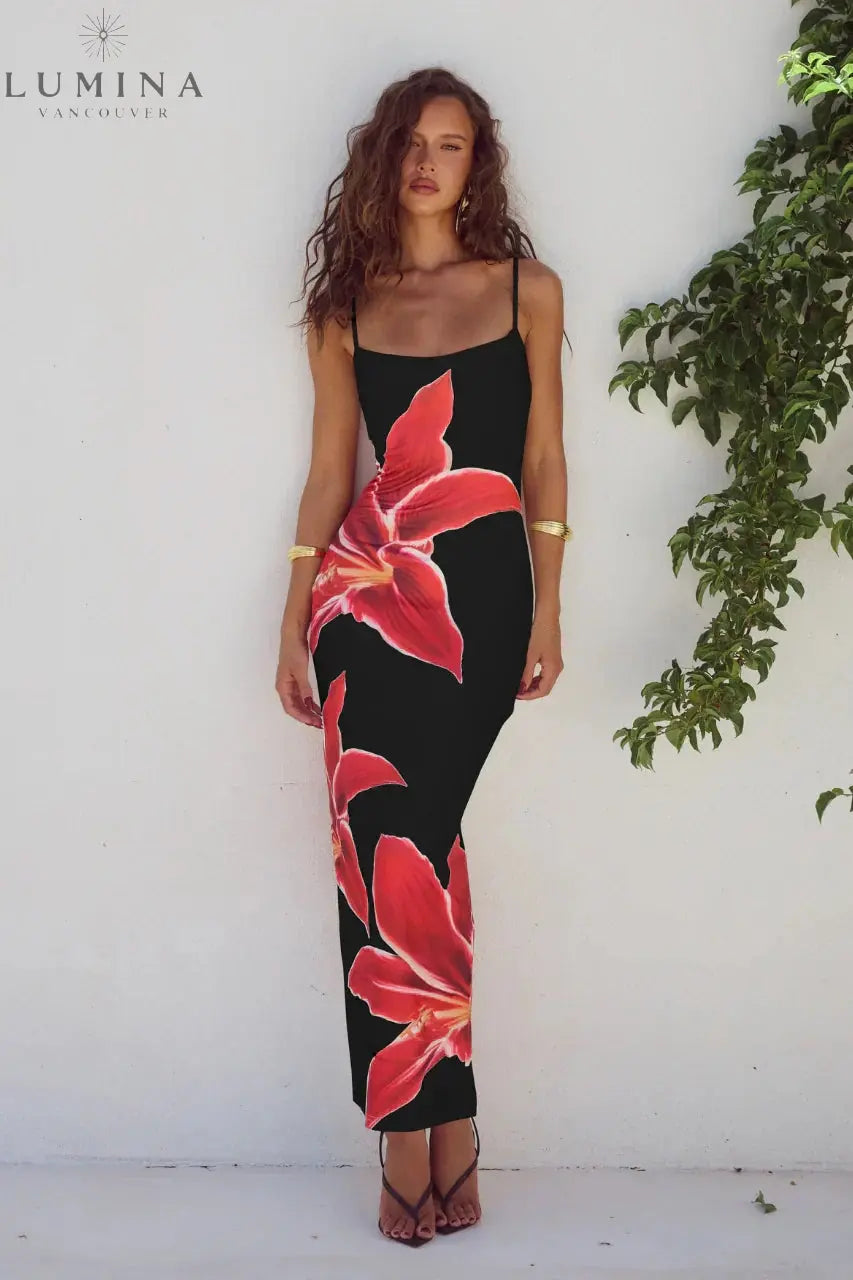 Athena - Flower Printed Back Slit Dress Lumina Vancouver