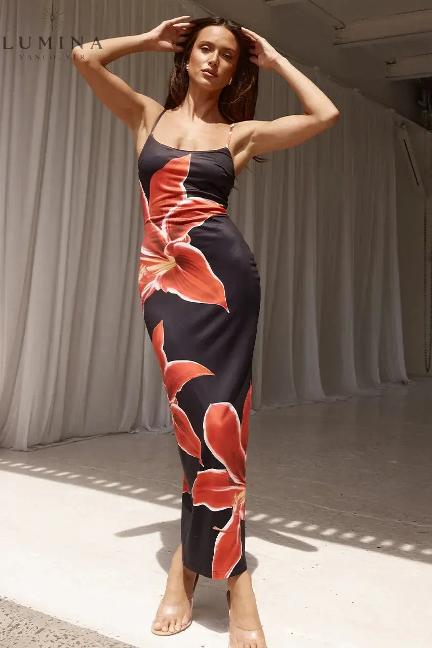 Athena - Flower Printed Back Slit Dress Lumina Vancouver