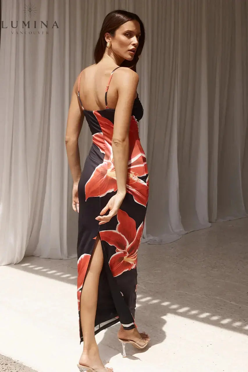 Athena - Flower Printed Back Slit Dress Lumina Vancouver