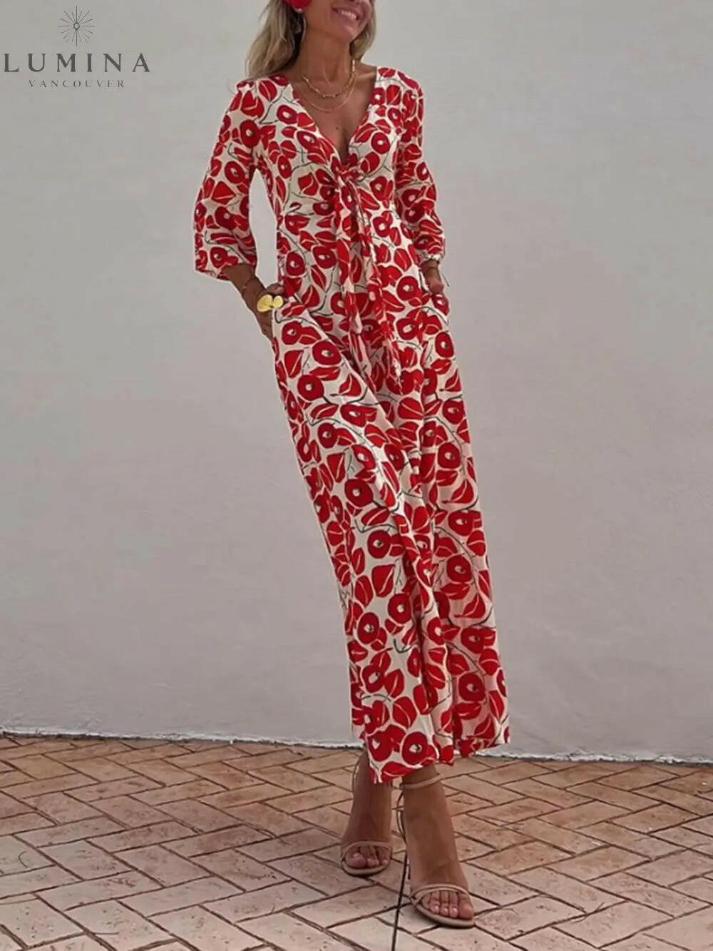Calla - Vacation Floral Print Smocked Off Shoulder Pocketed Maxi Dress - Lumina Vancouver