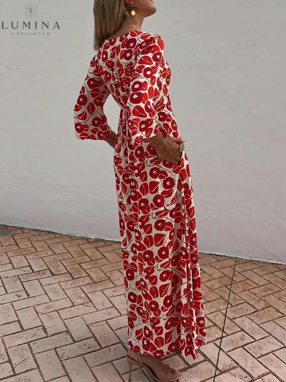 Calla - Vacation Floral Print Smocked Off Shoulder Pocketed Maxi Dress - Lumina Vancouver