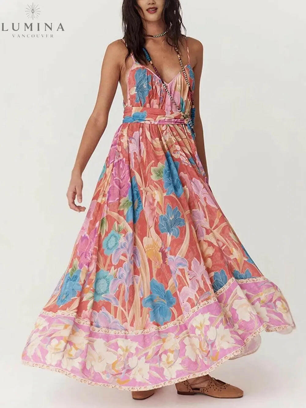 Elara - Casual Positioning Print Suspender Maxi Dress - Lumina Vancouver