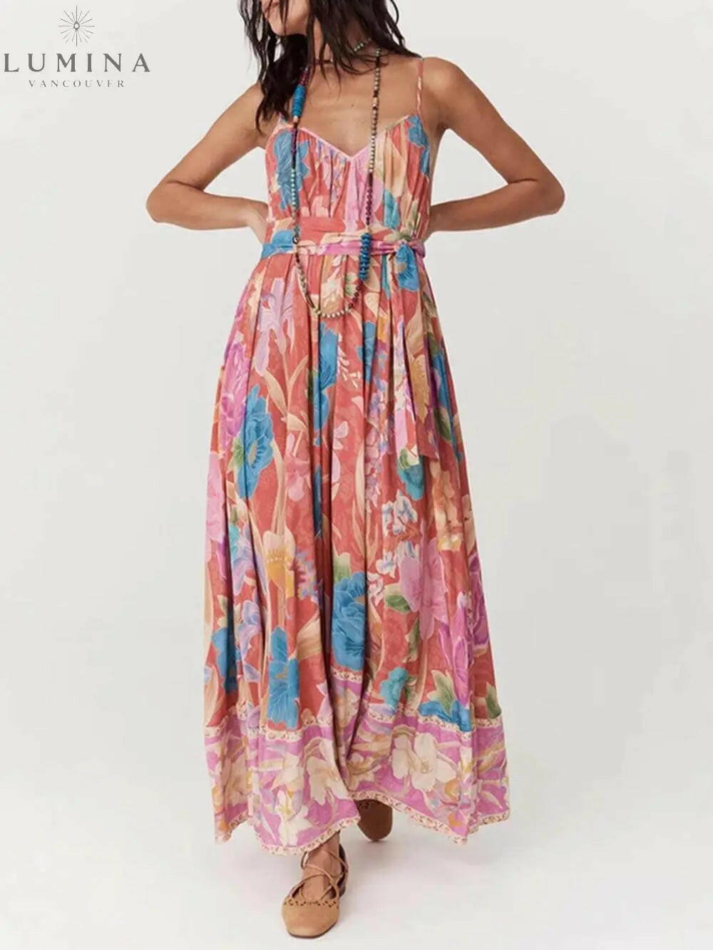 Elara - Casual Positioning Print Suspender Maxi Dress - Lumina Vancouver
