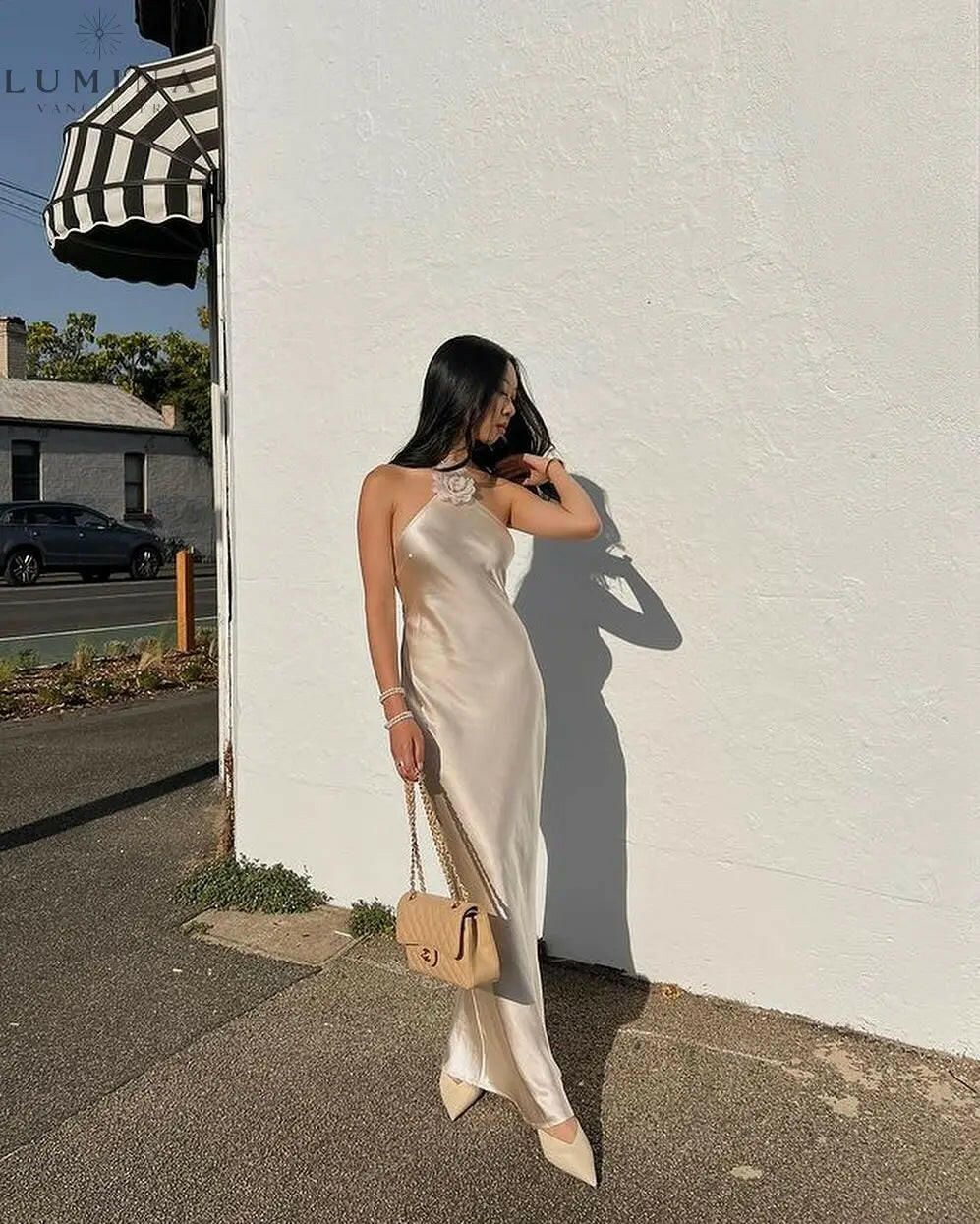 Elora - Satin Halterneck Backless Maxi Dress Lumina Vancouver