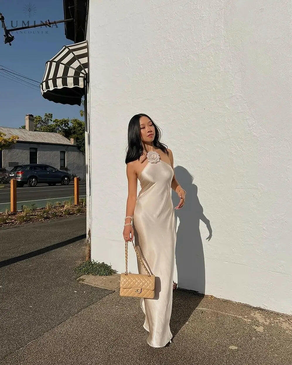 Elora - Satin Halterneck Backless Maxi Dress Lumina Vancouver