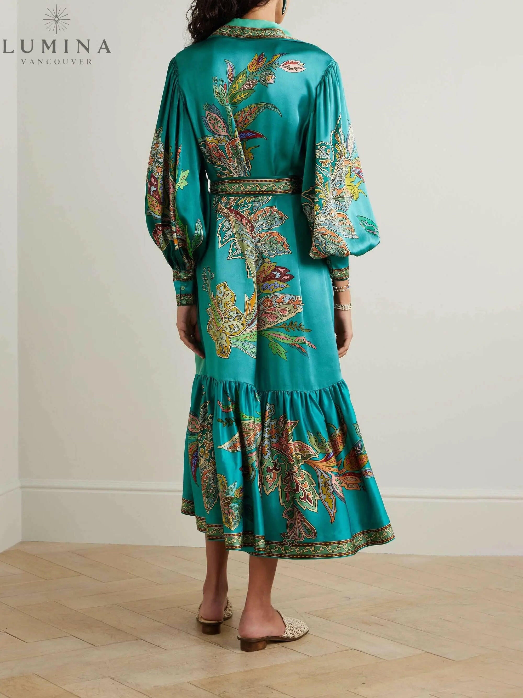 Elowen - Delicate Satin Floral Print Single Breasted Midi Dress - Lumina Vancouver