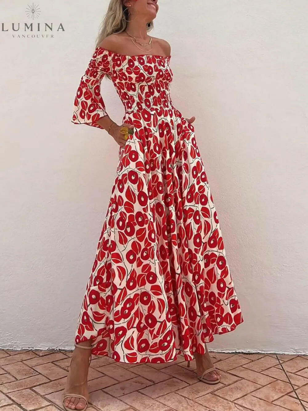 Elowen - Floral Print Smocked Off Shoulder Pocketed Maxi Dress - Lumina Vancouver