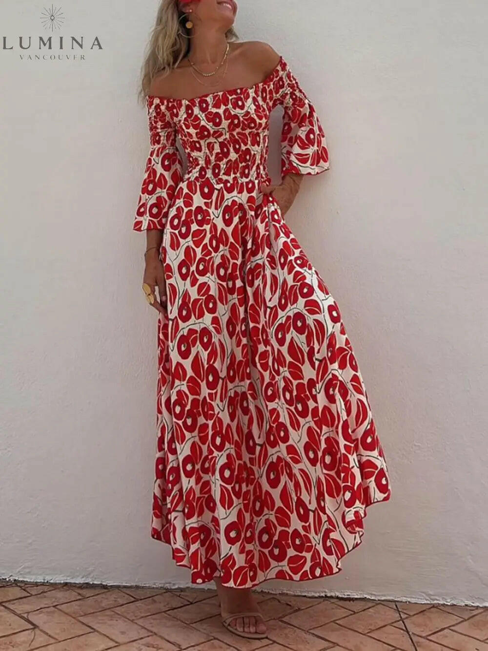 Elowen - Floral Print Smocked Off Shoulder Pocketed Maxi Dress - Lumina Vancouver