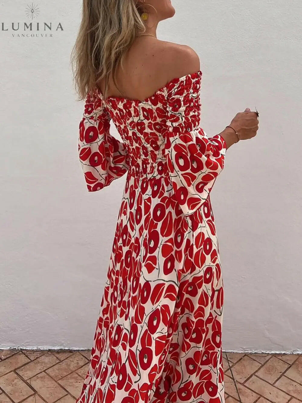 Elowen - Floral Print Smocked Off Shoulder Pocketed Maxi Dress - Lumina Vancouver