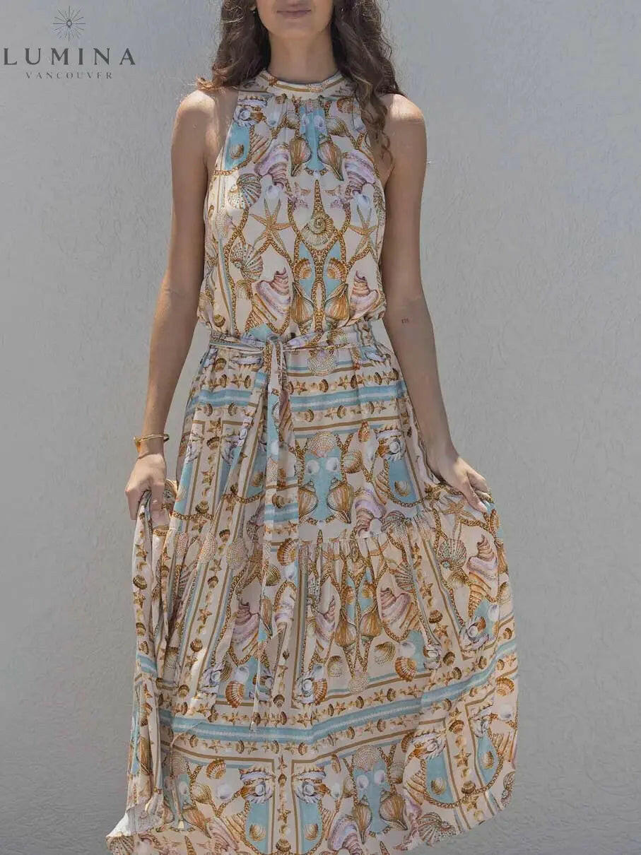Exquisite Satin Ocean Treasure Print Maxi Dress - Lumina Vancouver