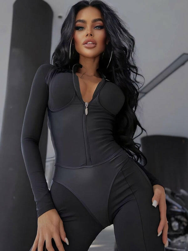 Faux Leather Zipper Stand Collar Jumpsuit