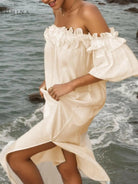 Giselle - Chic Off Shoulder Midi Dress - Lumina Vancouver