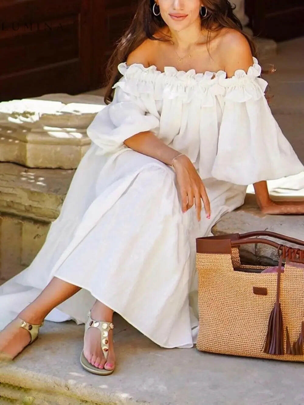 Giselle - Chic Off Shoulder Midi Dress - Lumina Vancouver